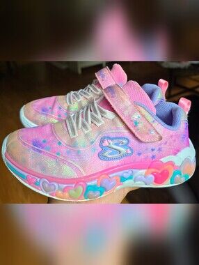 Sz 1 Toddler Girl's SKECHERS Eternal Heart Lights Bungee Lace, Adjustable Strap